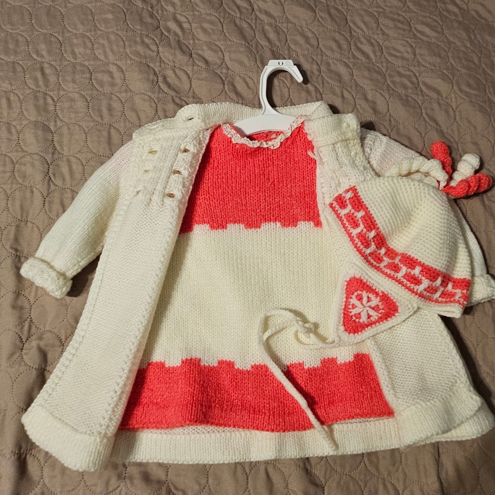 3 pc Hand Knitted Sweater Dress Jacket Hat
